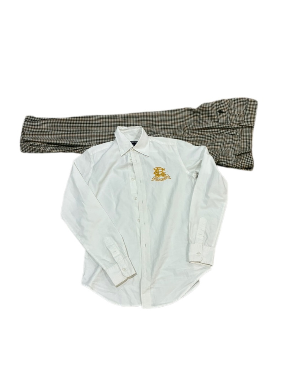 Ralph Lauren White Button-Up Shirt with Gold Embroidered Crest